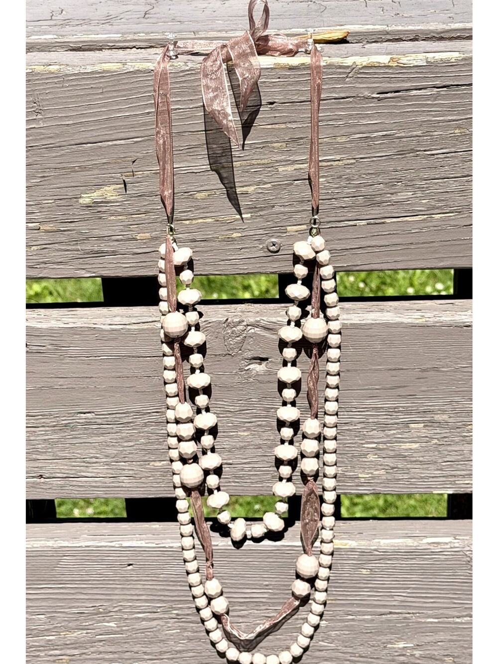 Pink Ribbon Tie Layered Beaded Necklace Cottagecore Shabby Chic Romantic